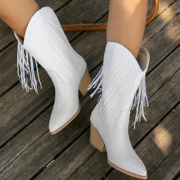 White Fringed Irregular High Heeled Silver Knight Boots For Women's Fashi - Picture 1 of 7